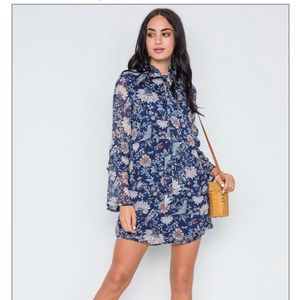 Women Boho Floral Print Long Sleeves Lightweight Semi Sheer Mini Dress